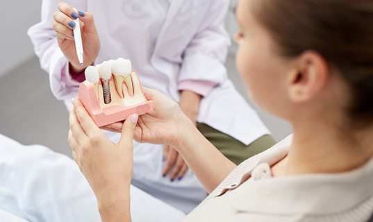 A dentist using a model to explain how dental implants work