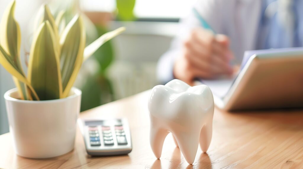 Large tooth next to calculator on desk